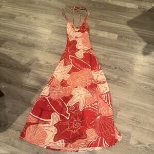 CaCay Women’s P Red Coral Seashell Starfish Maxi Dress Halter Gold Shell NWT